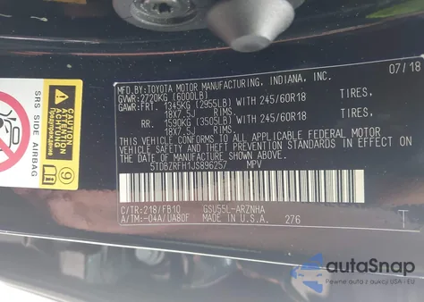 2018 Toyota Highlander Le from USA, damaged, VIN 5TDBZRFH1JS896257